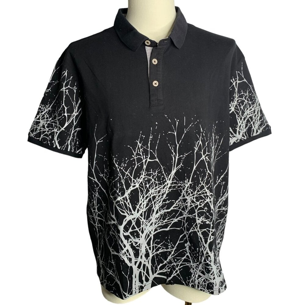 Barabas Short Sleeve Polo Shirt L Black Paint Splatter Tree Branch Buttons Knit